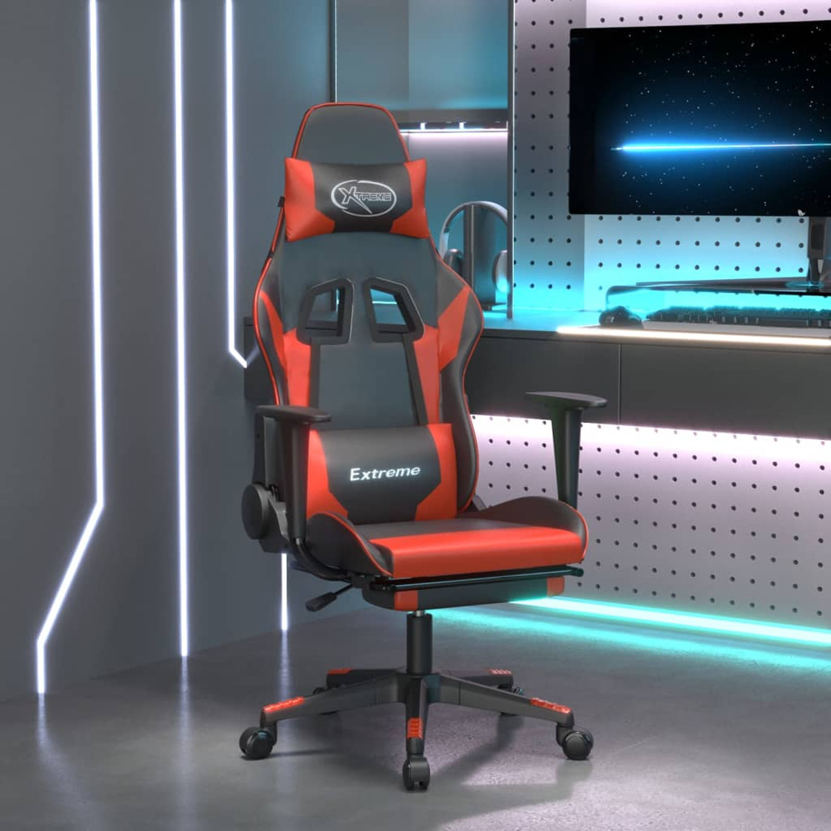 Ein rot-schwarzer Gaming-Stuhl mit dem Wort „Extreme“. Der Stuhl steht in einem Raum.