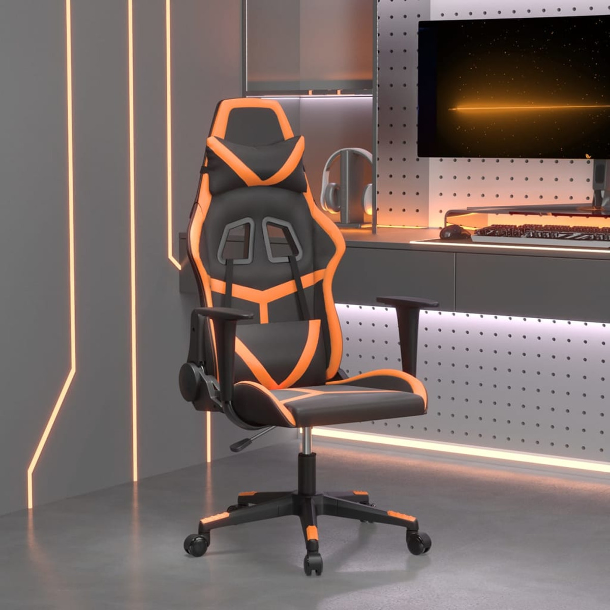 Schwarz-oranger Gaming-Stuhl in einem Raum. Armlehnen, Kopfstütze.