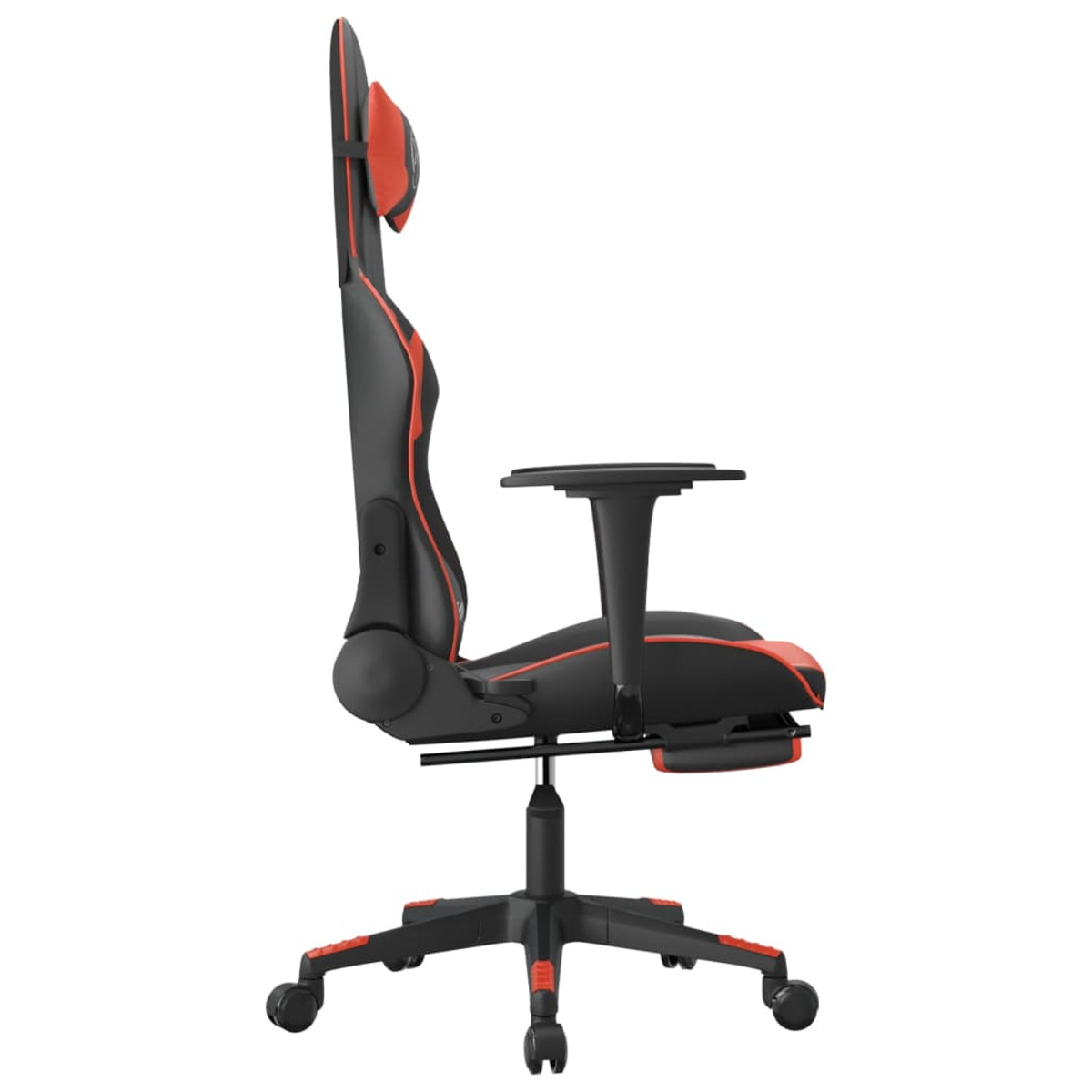Schwarzer und roter Gaming-Stuhl, Seitenansicht. Schwarze Basis, rote Akzente, weißer Hintergrund.