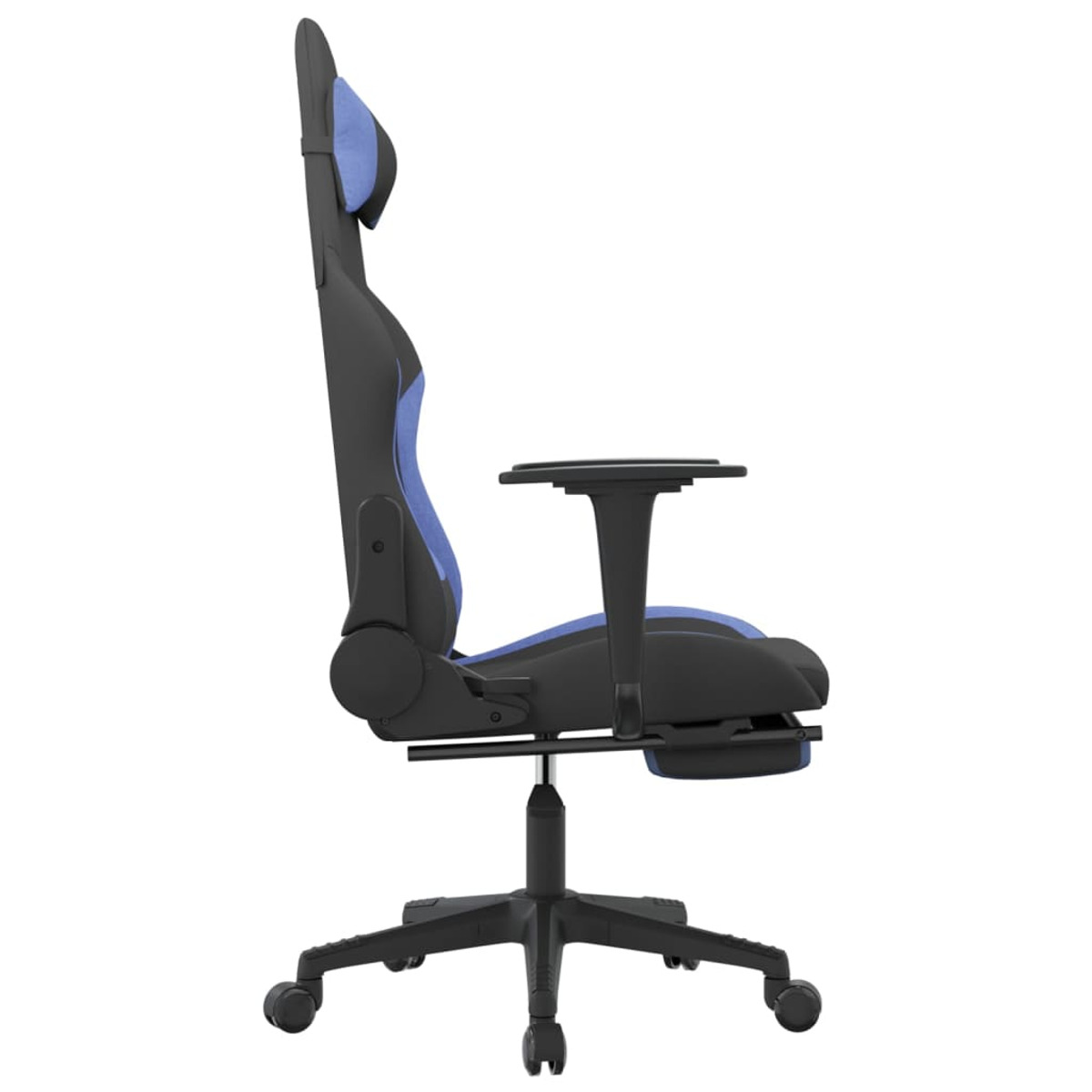 Ein schwarz-blauer Gaming-Stuhl von der Seite auf weißem Hintergrund gesehen.