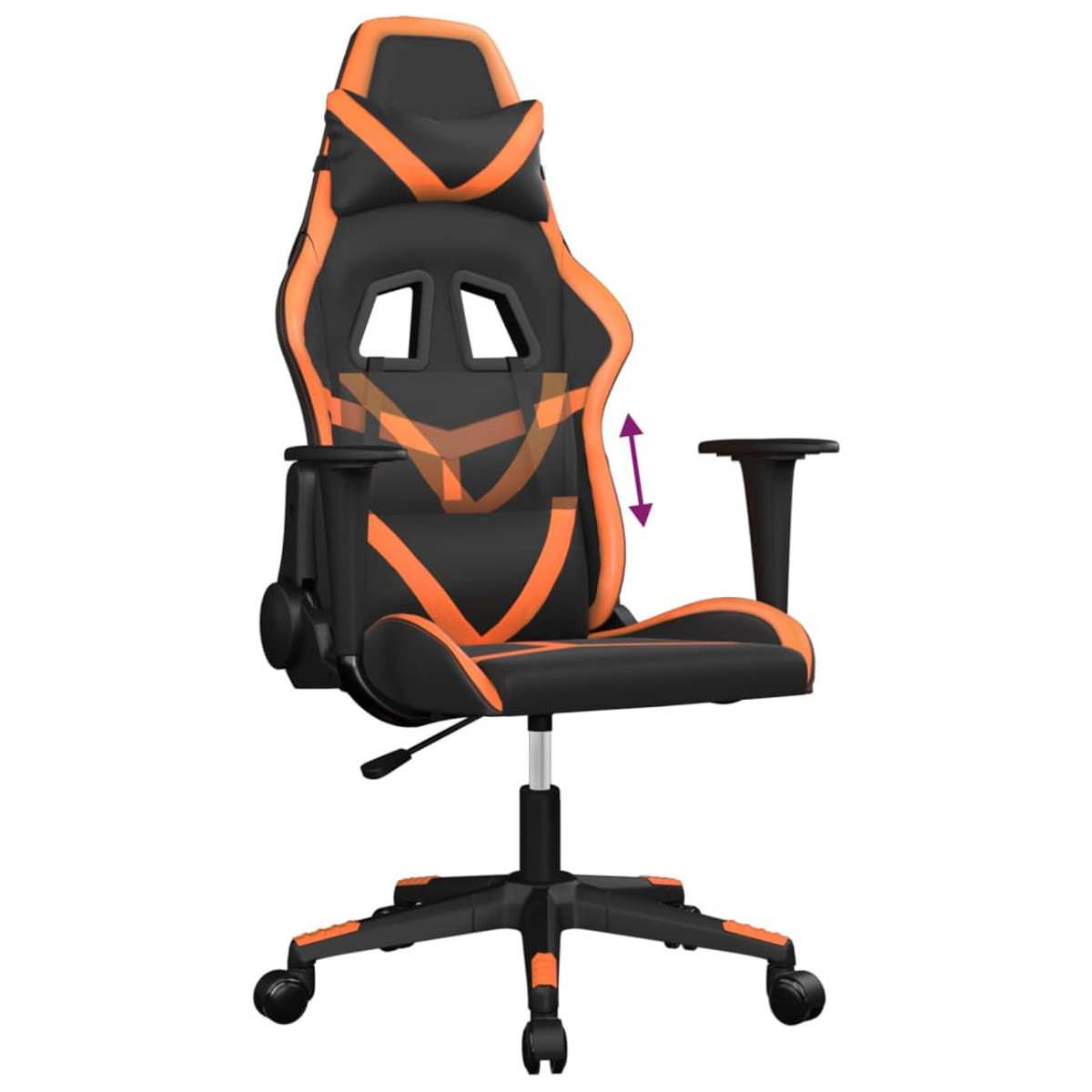 Ein orangefarbener und schwarzer Gaming-Stuhl mit verstellbaren Armlehnen. Der Stuhl steht auf Rädern.