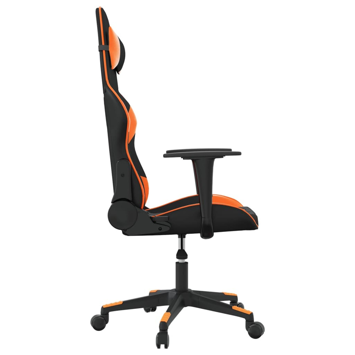 Schwarzer Gaming-Stuhl mit orangefarbenen Akzenten, von der Seite betrachtet.