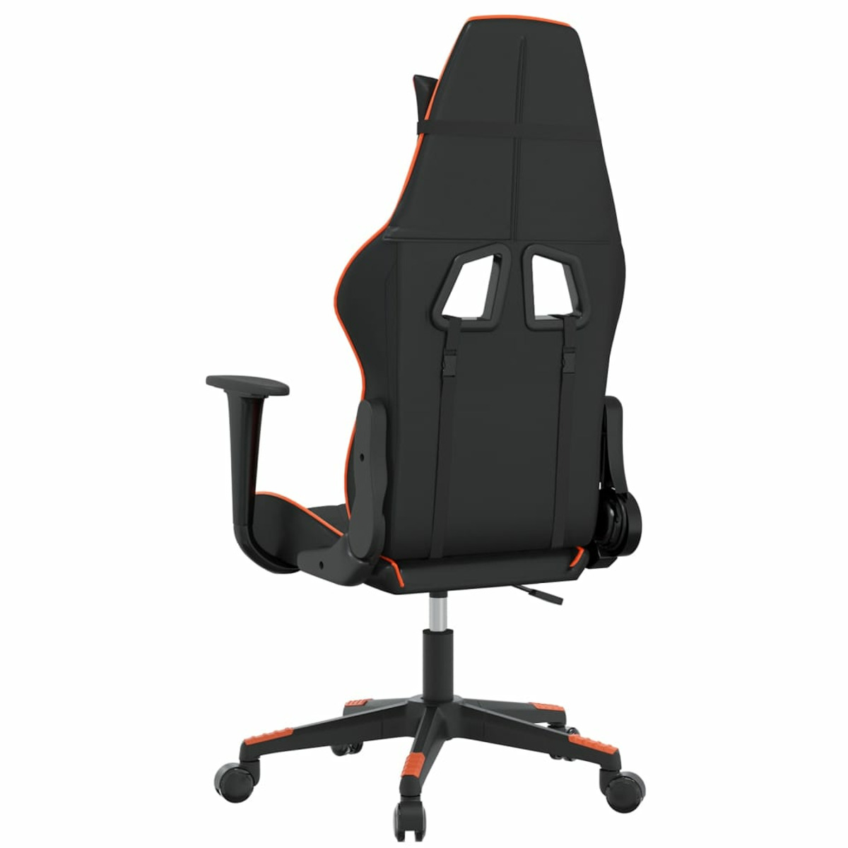 Gaming-Stuhl von hinten mit schwarzen und orangefarbenen Farben.