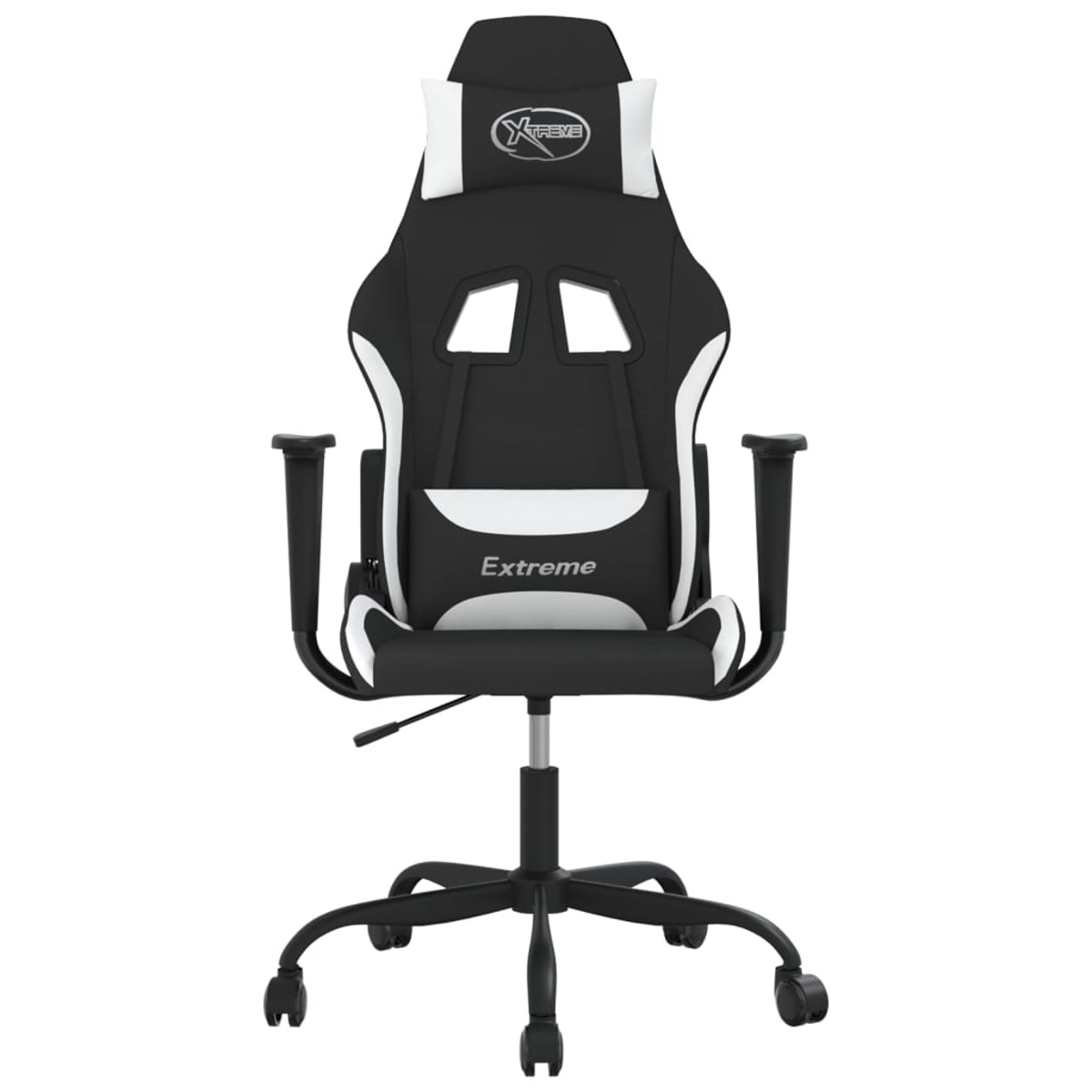 Schwarz-weißer Gaming-Stuhl mit weißer Kopfstütze. Weißer Hintergrund.