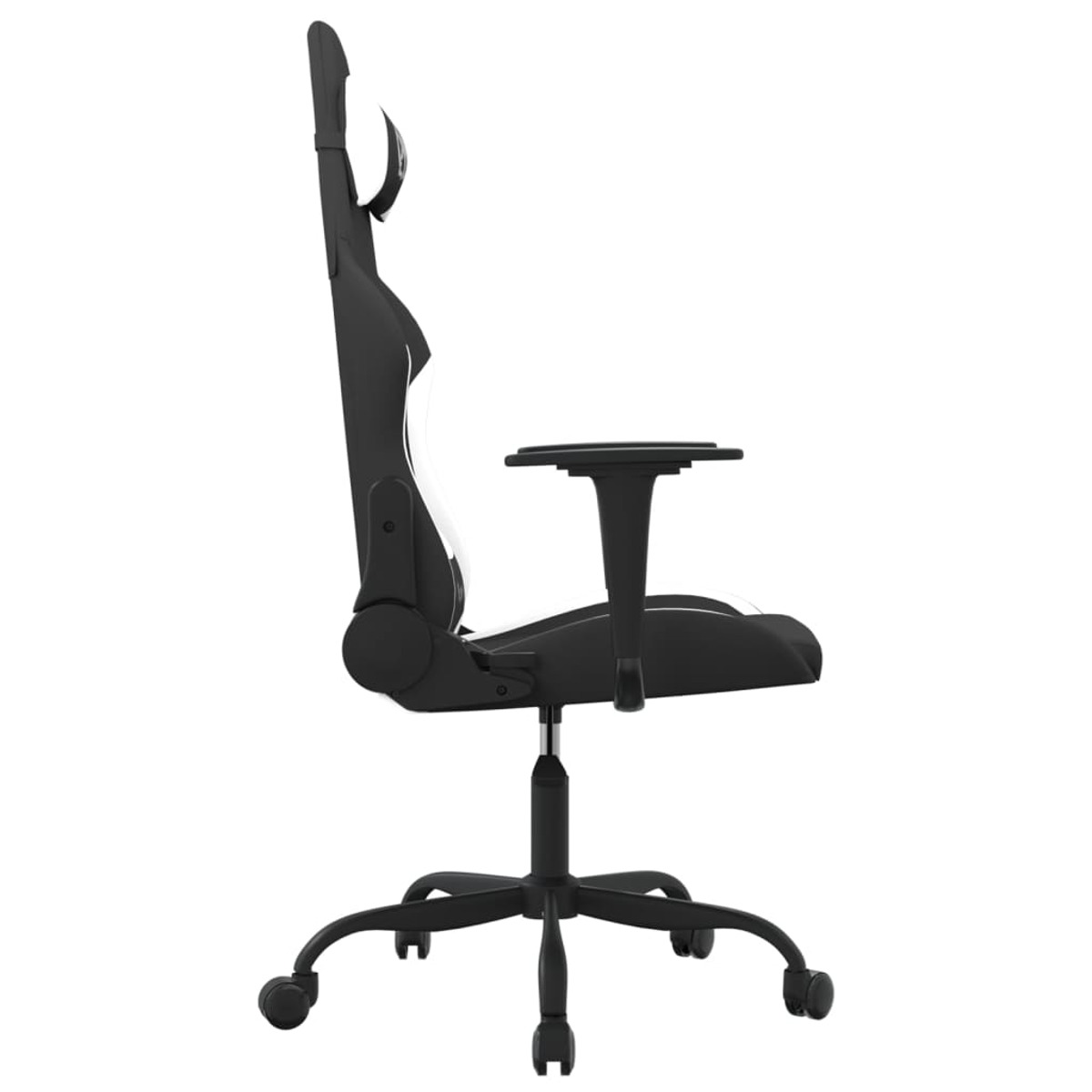 Gaming-Stuhl, schwarz und weiß, Seitenansicht, mit Fußstütze, auf weißem Hintergrund.