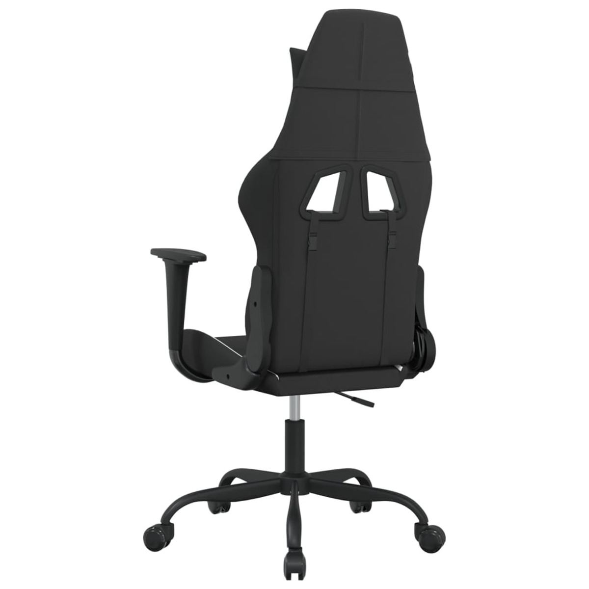 Schwarzer Gaming-Stuhl, Rückansicht. Er hat eine hohe Rückenlehne mit Aussparungen.