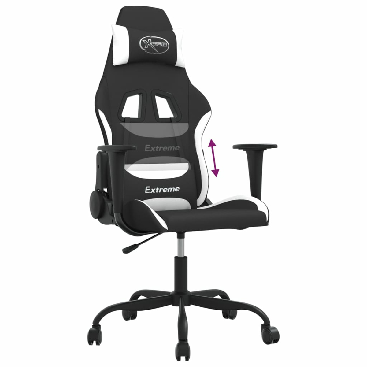 Schwarz-weißer Gaming-Stuhl mit verstellbaren Armlehnen und Kopfstütze. Weißer Hintergrund.