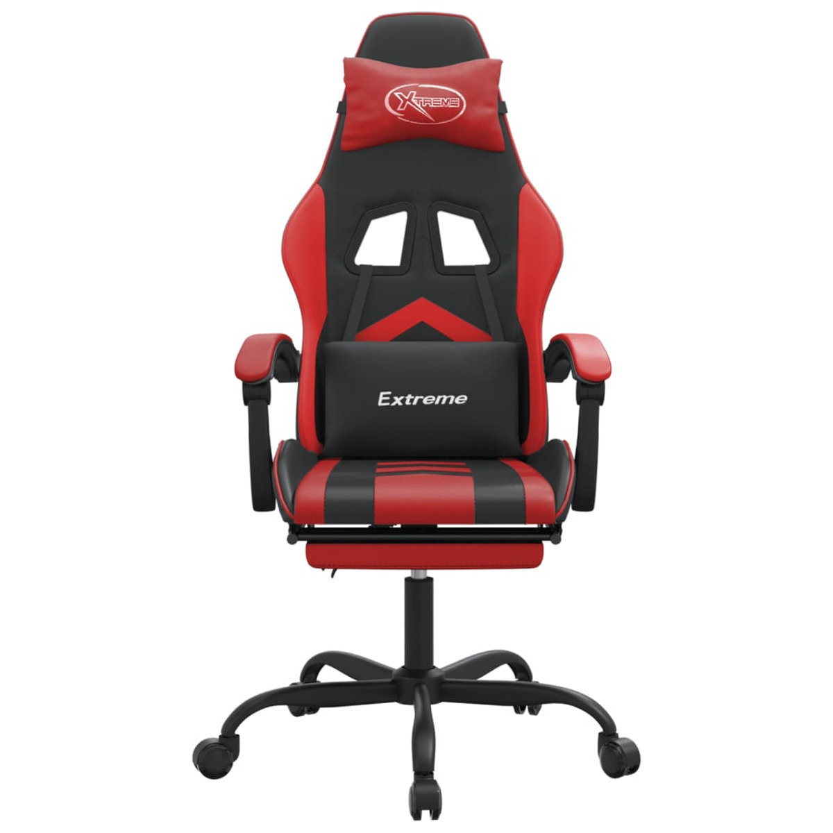Roter und schwarzer Gaming-Stuhl, Vorderansicht. Hat rote Kopf- und Lendenkissen, schwarzen Sockel, Räder.