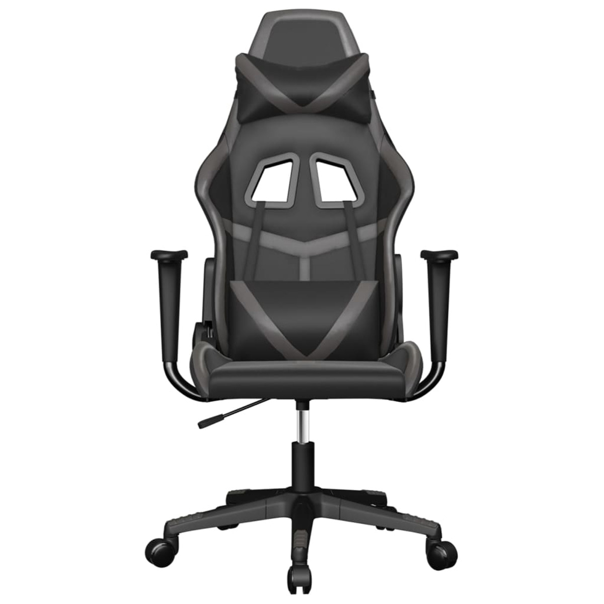 Vorderansicht eines schwarzen Gaming-Stuhls. Hoher Rücken, Kopfstütze, Armlehnen und Sternfuß.
