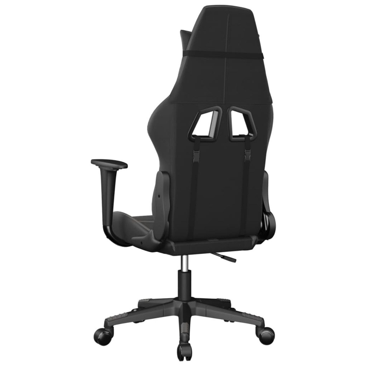 Schwarzer Gaming-Stuhl, Rückansicht. Verfügt über Kopfstütze, Rückenlehne, Armlehnen und Rollfuß.