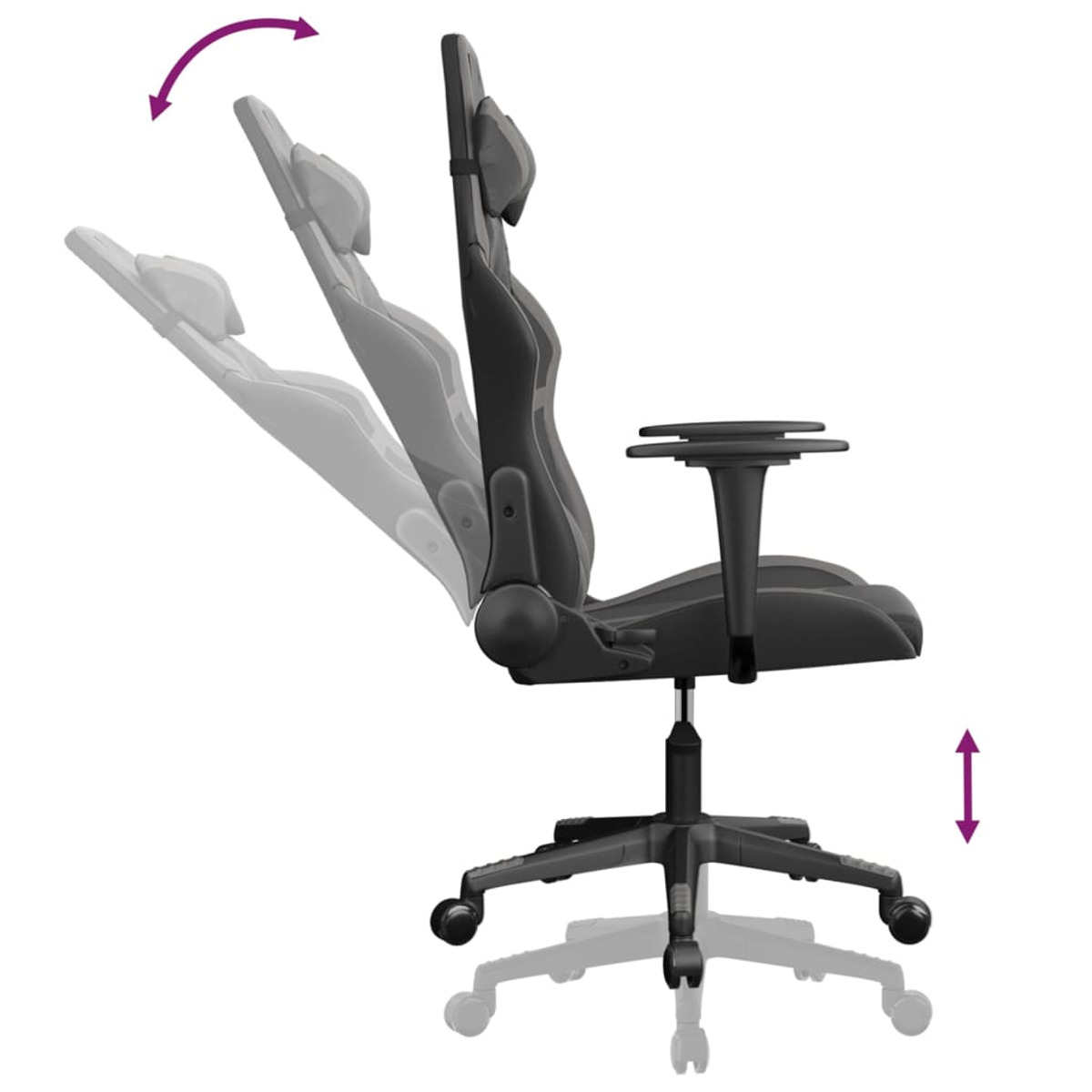 Gaming-Stuhl, Seitenansicht, mit verstellbarer Rückenlehne und Armlehnen, und Höhenverstellung.
