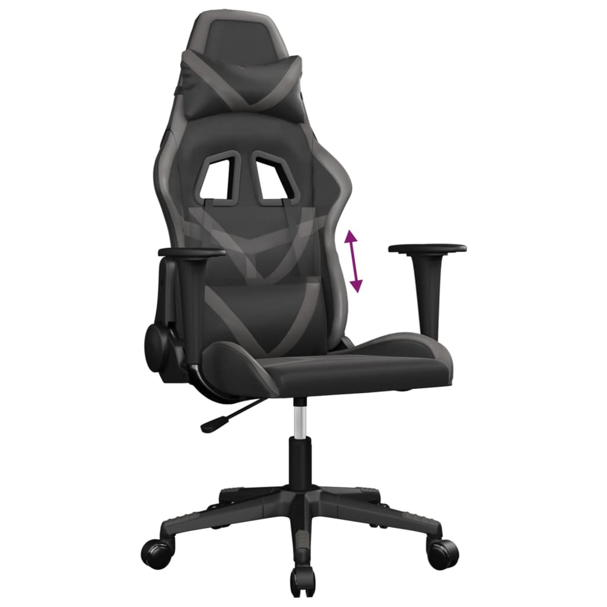 Gaming-Stuhl, grau und schwarz, verstellbare Armlehnen. Weißer Hintergrund.