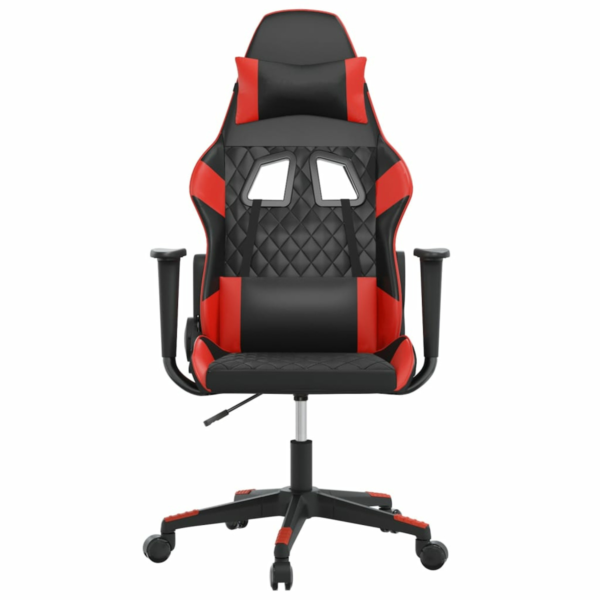 Roter und schwarzer Gaming-Stuhl. Der Stuhl hat eine Kopfstütze, eine Rückenlehne und Armlehnen. Er steht auf weißem Hintergrund.