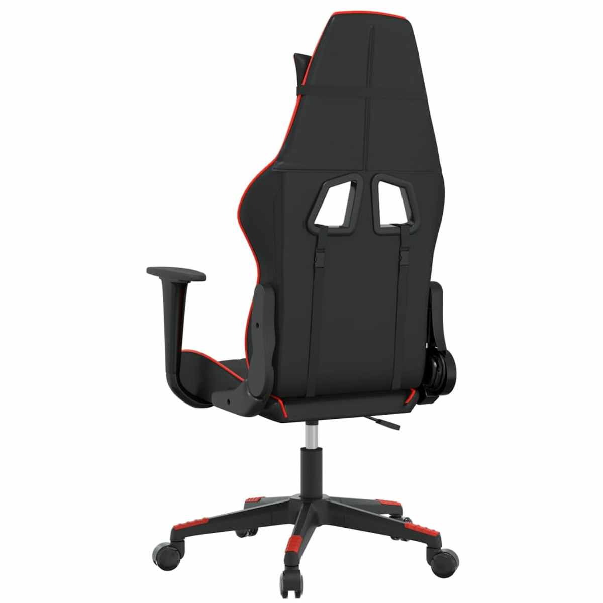 Gaming-Stuhl, Rückansicht. Schwarz mit roten Akzenten. Verfügt über eine Kopfstütze und zwei Öffnungen. Schwarze Basis mit Rädern.