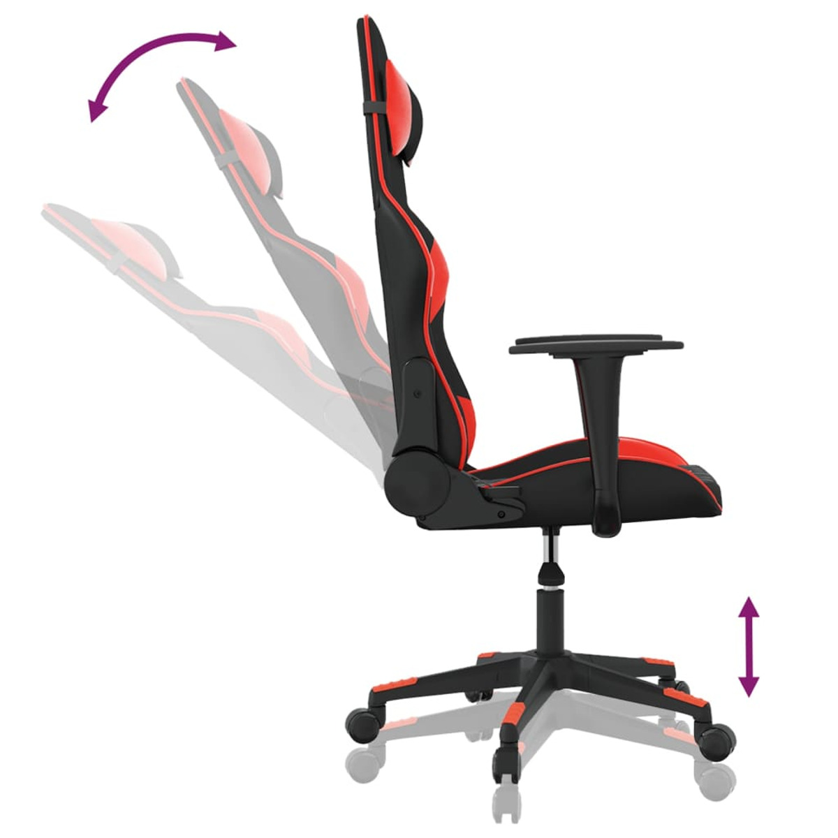 Schwarz-roter Gaming-Stuhl mit verstellbarer Rückenlehne und Höhe, Pfeile zeigen die Verstellung.