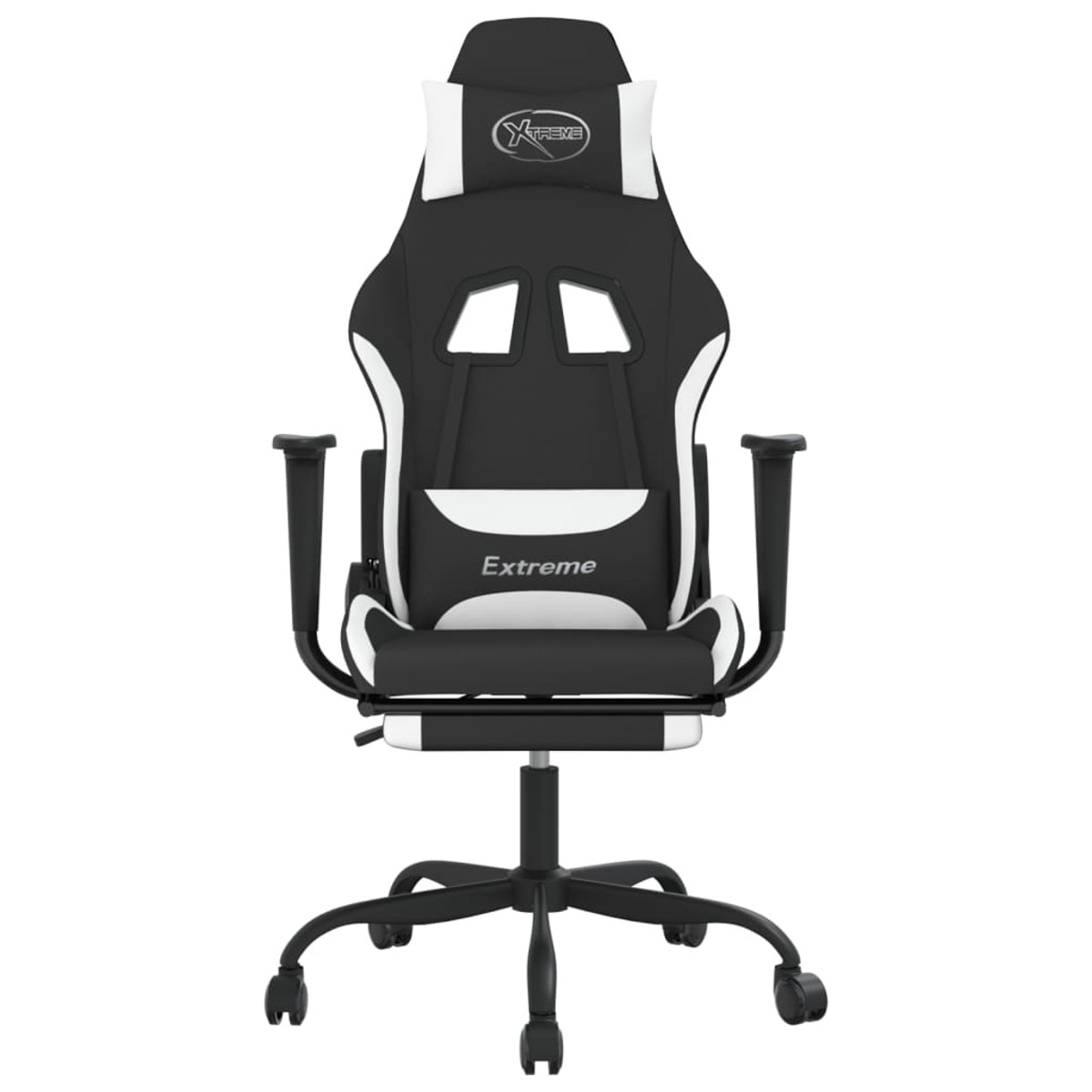 Ein schwarz-weißer Gaming-Stuhl mit weißer Kopfstütze und 'Xtreme'-Logo. Der Stuhl hat ein schwarzes Untergestell.