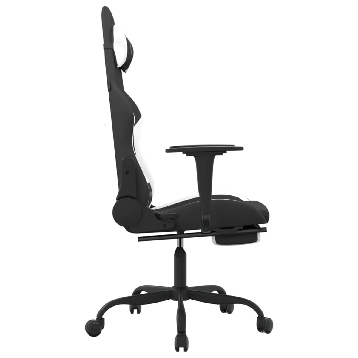 Seitenansicht eines schwarz-weißen Gaming-Stuhls auf weißem Hintergrund. Der Stuhl hat eine Kopfstütze und Armlehnen.