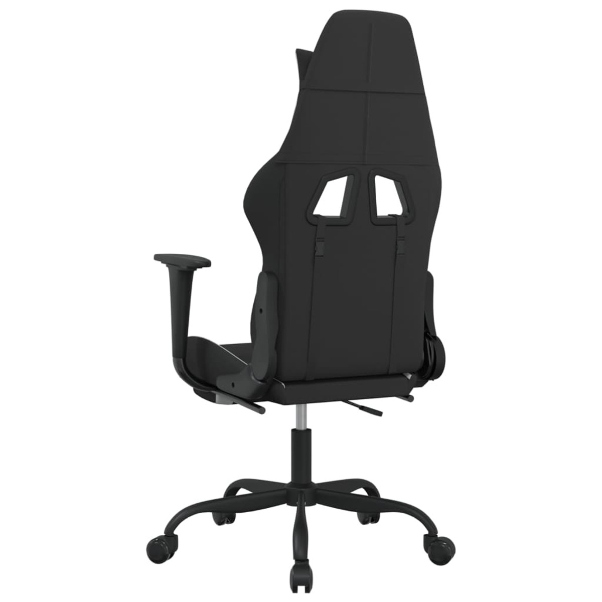 Schwarzer Gaming-Stuhl, Rückansicht, mit hohem Rücken und Armlehnen.