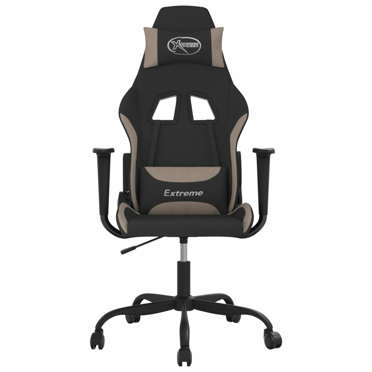 Schwarz-beiger Gaming-Stuhl mit dem Wort "Xtreme" auf der Kopfstütze.