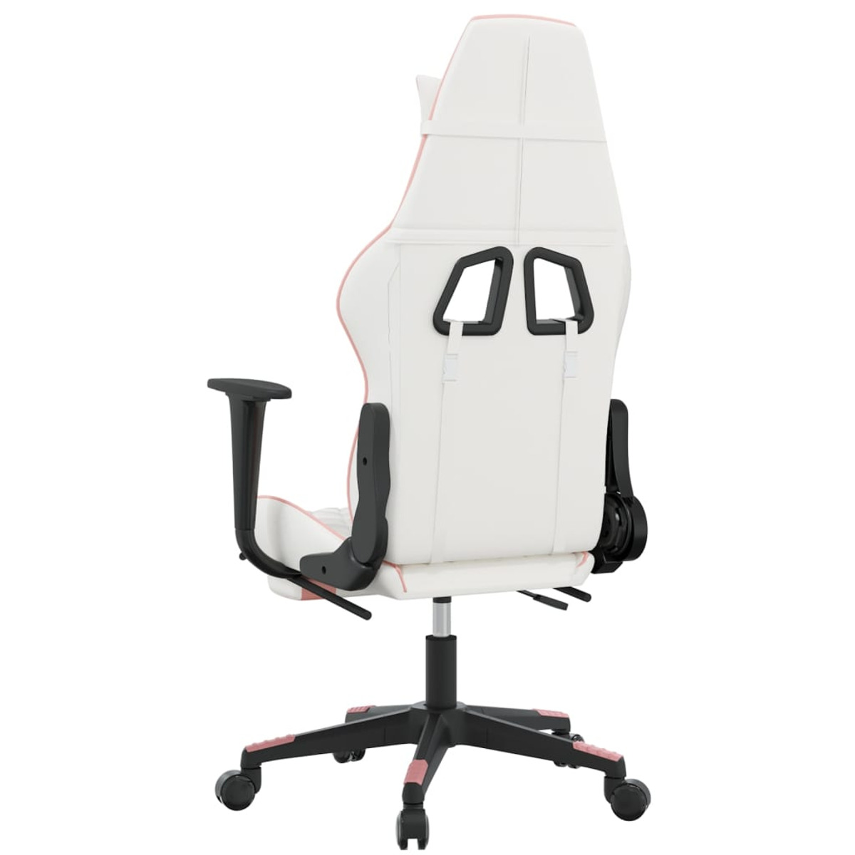 Gaming-Stuhl Rückansicht, weiß mit rosa Akzenten, zeigt das Design.