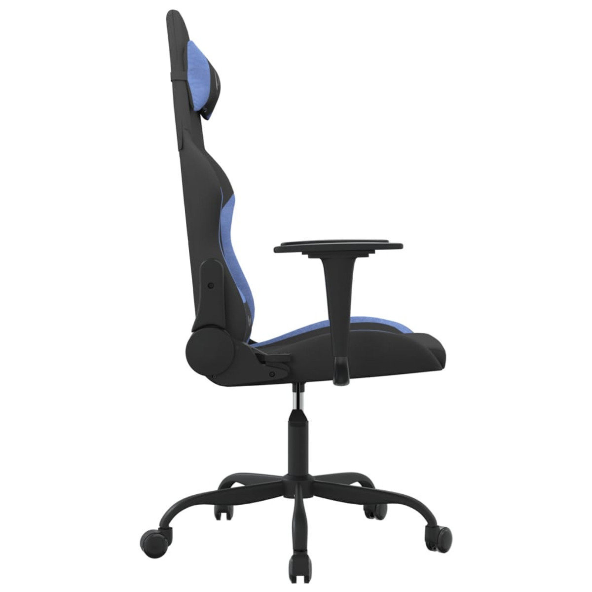 Seitenansicht eines Gaming-Stuhls. Blauer Rücken und Kopfstütze, schwarze Armlehnen und Basis.