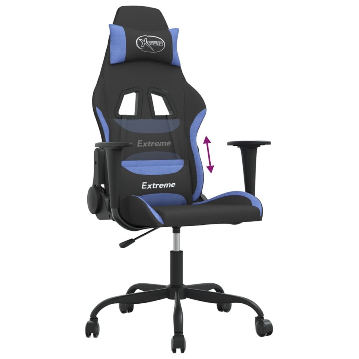 Ein schwarz-blauer Gaming-Stuhl mit verstellbaren Armlehnen und dem Wort "Extreme" auf der Rückenlehne.