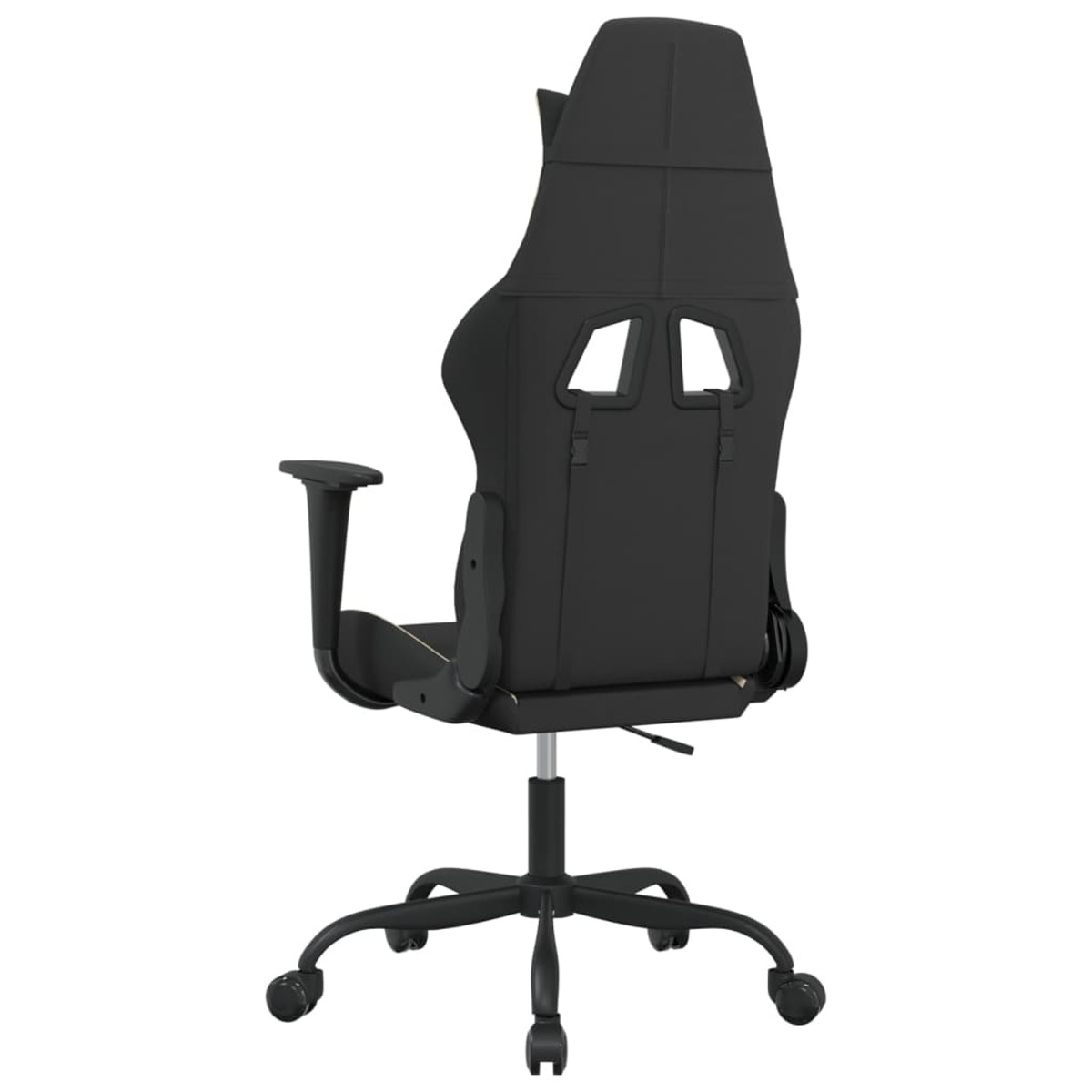 Schwarzer Gaming-Stuhl, Rückansicht. Zeigt die Rückseite des Stuhls mit schwarzem Fuß und schwarzen Armlehnen.