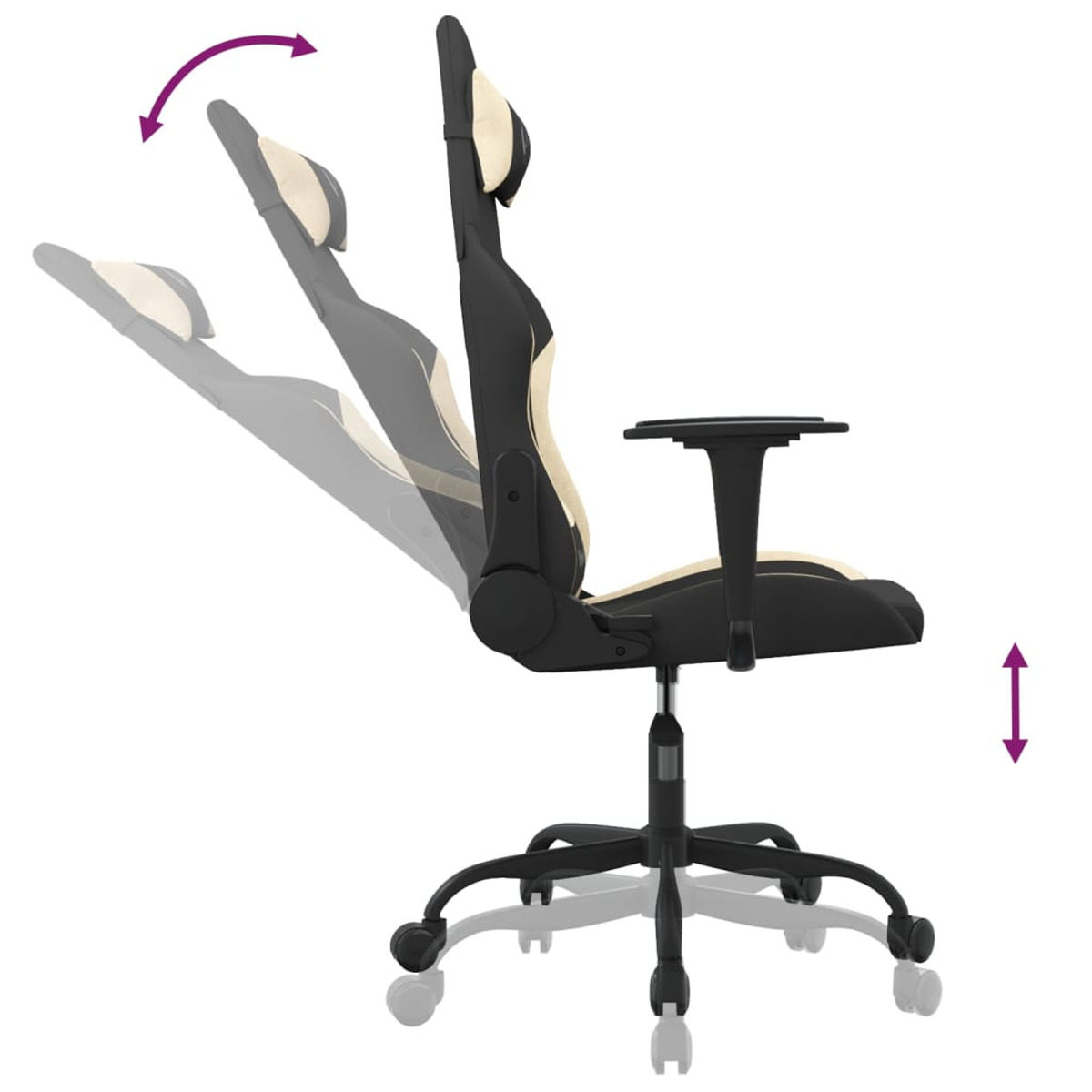 Gaming-Stuhl in Schwarz und Creme. Pfeile zeigen verstellbare Höhe und Rückenwinkel.