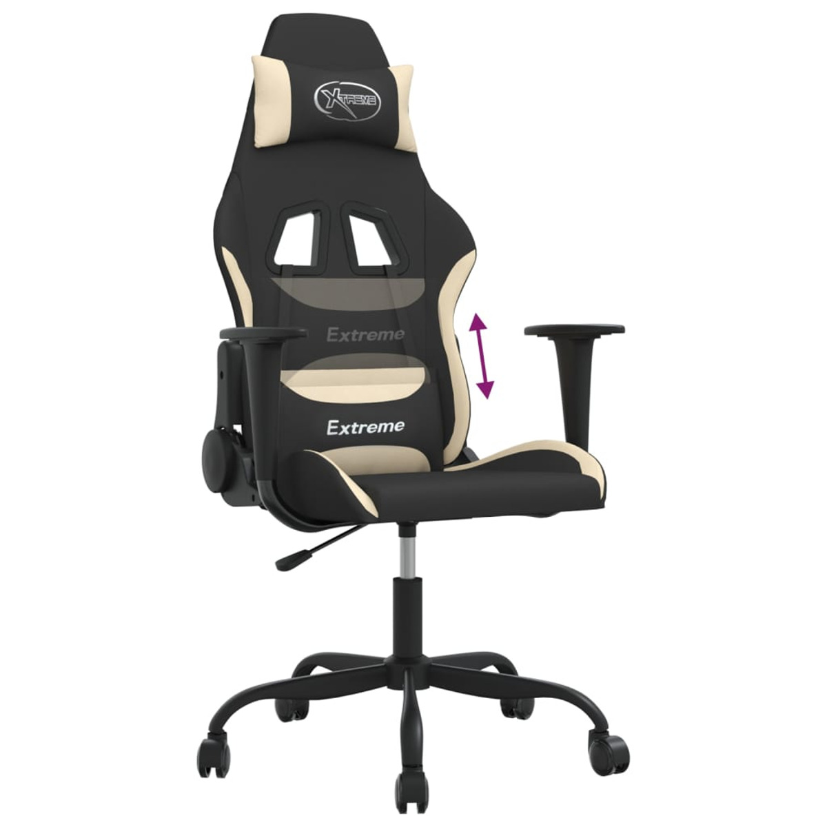 Ein schwarz-cremefarbener Gaming-Stuhl mit Kopfstütze, Armlehnen und Lendenwirbelstütze auf weißem Hintergrund.
