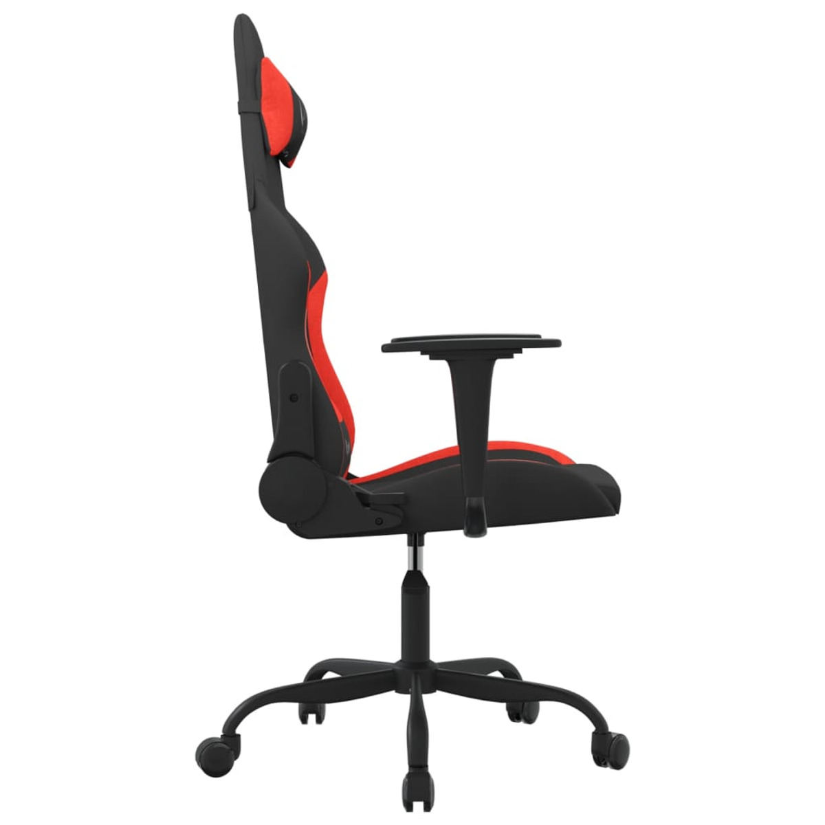 Seitenansicht eines Gaming-Stuhls mit schwarzem und rotem Design. Weißer Hintergrund.