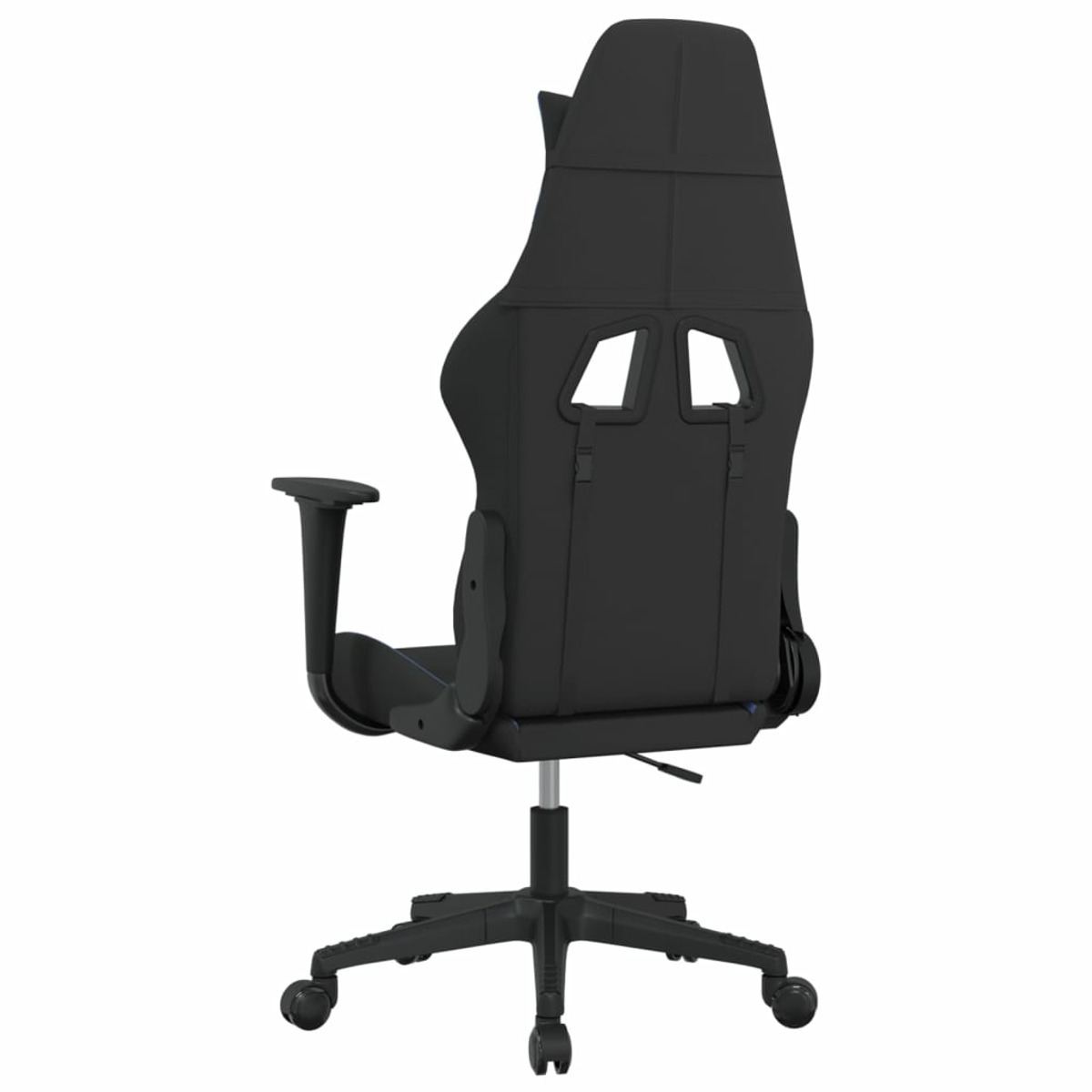 Ein schwarzer Gaming-Stuhl von hinten, mit hohem Rücken, Armlehnen und einem Untergestell mit Rollen.