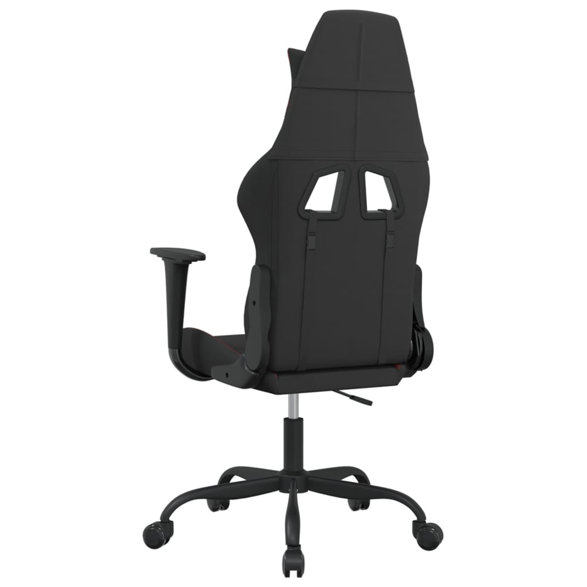 Gaming-Stuhl von hinten. Er ist schwarz mit roten Nähten. Die Armlehnen und die Basis sind sichtbar.