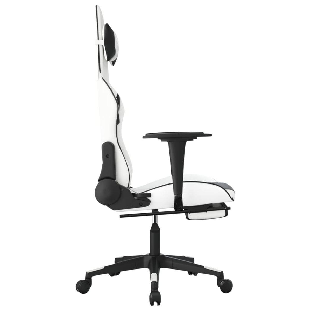 Gaming-Stuhl, Seitenprofil, weiß und schwarz, mit Armlehne und Kopfstütze, auf weißem Hintergrund.