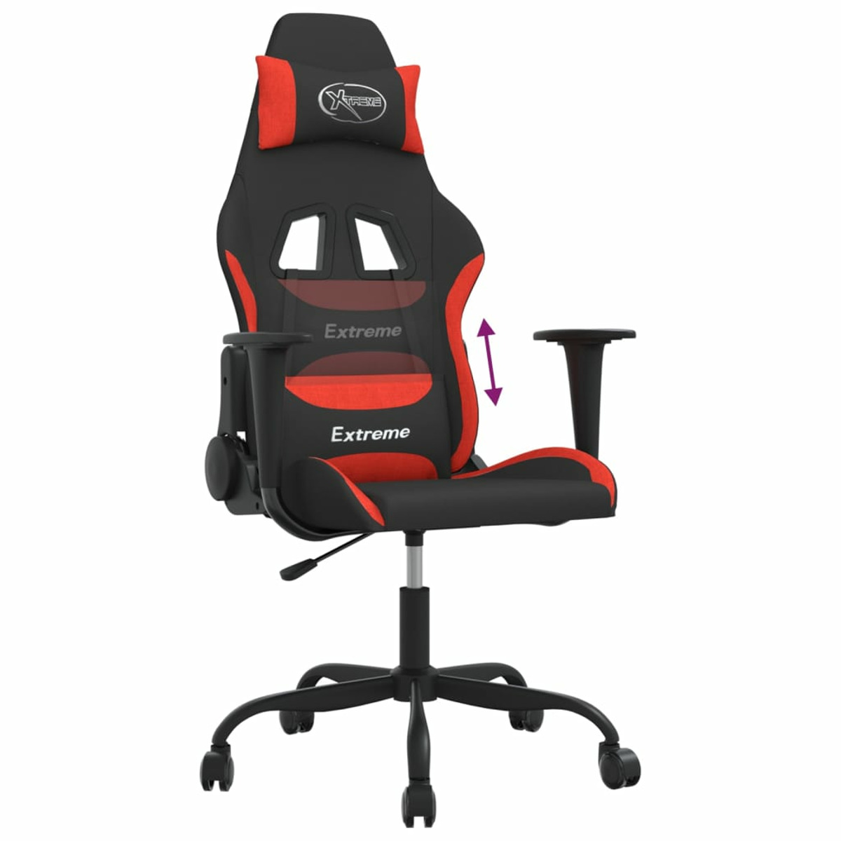 Gaming-Stuhl, schwarz und rot, mit Extreme-Branding, verstellbaren Armlehnen, auf weißem HG.