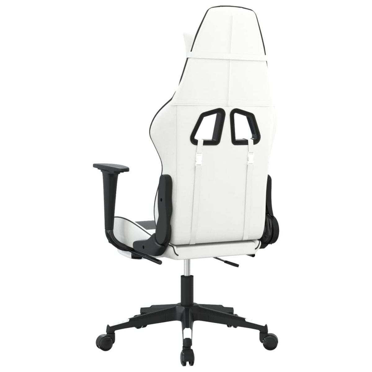 Rückansicht eines weißen Gaming-Stuhls mit schwarzen Akzenten. Abmessungen sichtbar.