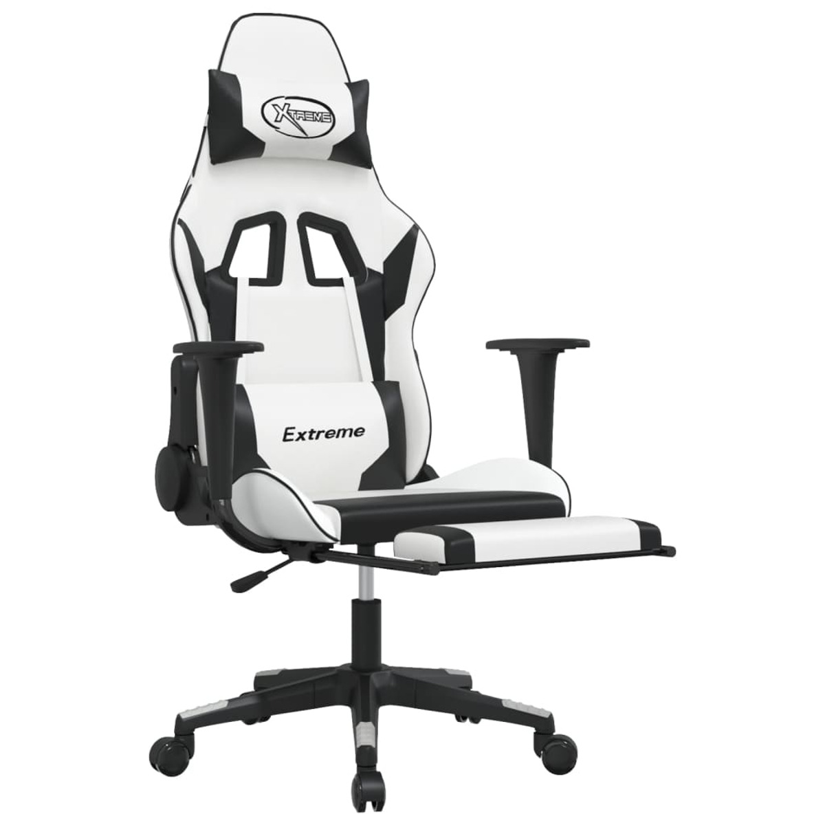 Weiß-schwarzer Gaming-Stuhl, Seitenansicht. Er hat eine Kopfstütze und eine Fußstütze.