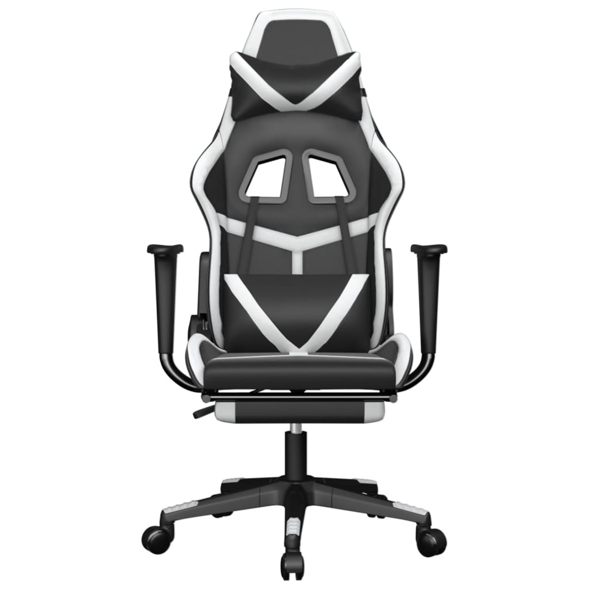 Schwarz-weißer Gaming-Stuhl mit Kopfstütze und Armlehnen. Er hat ein Fünf-Rad-Gestell und eine hohe Rückenlehne.