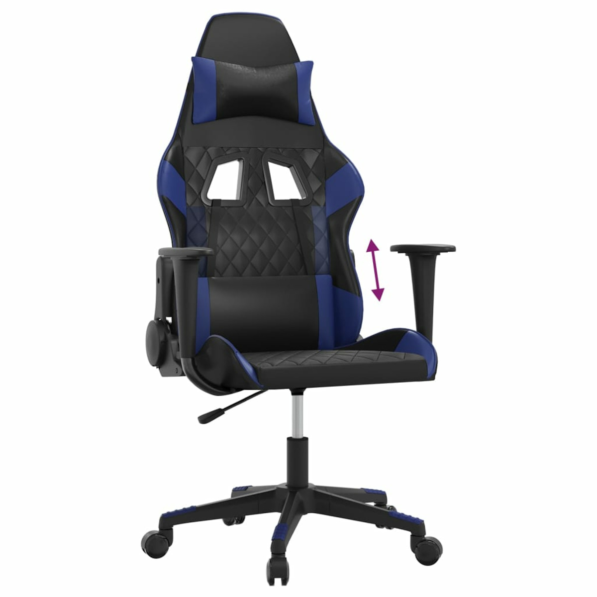 Schwarz-blauer Gaming-Stuhl mit verstellbaren Armlehnen und Kopfstütze.