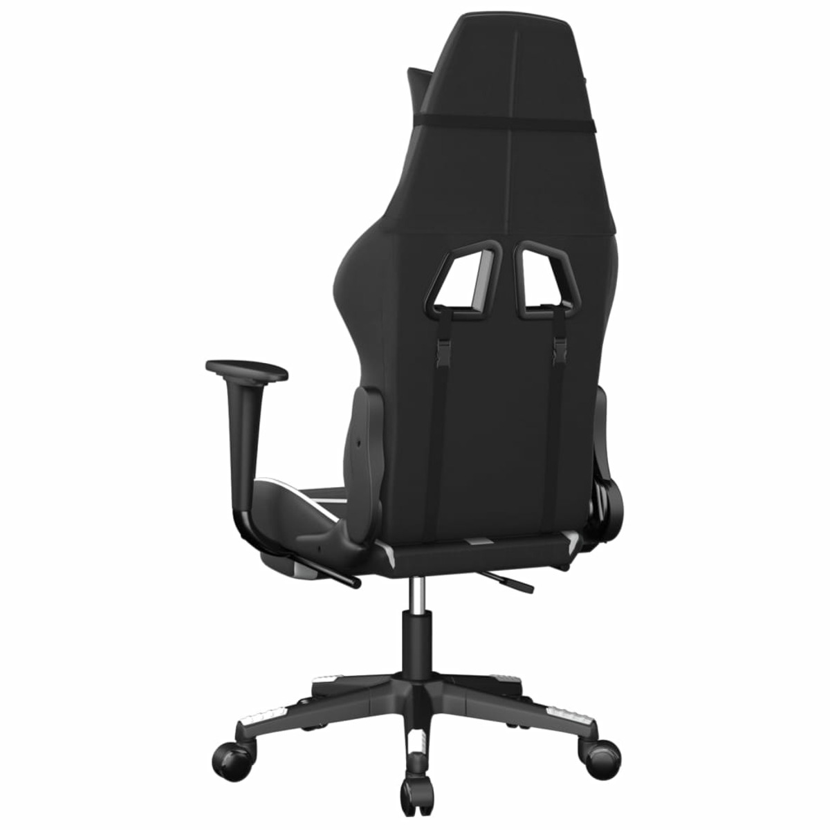 Die Rückansicht eines schwarzen Gaming-Stuhls mit schwarzem und weißem Rücken.
