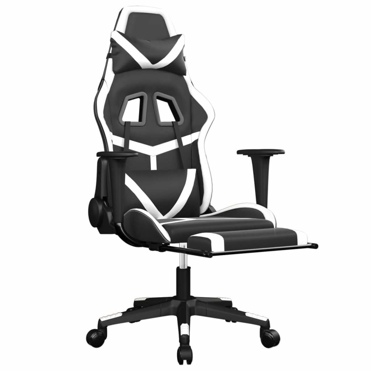 Gaming-Stuhl, schwarz und weiß, Fußstütze. Weißer Hintergrund.