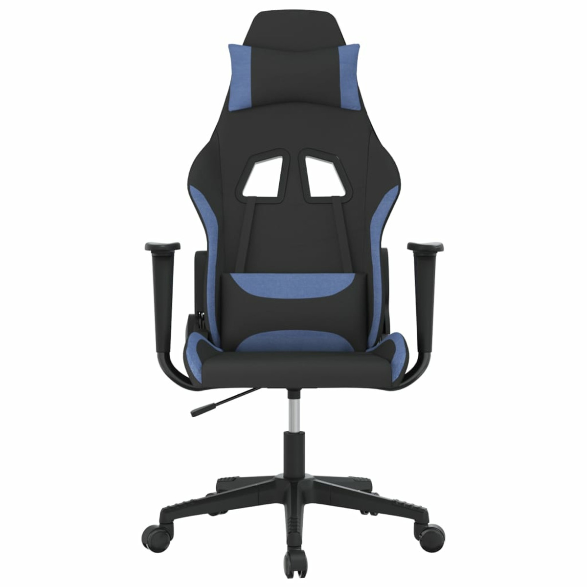 Vorderansicht eines schwarz-blauen Gaming-Stuhls mit Kopfstütze, Armlehnen und Lendenwirbelstütze. Weißer Hintergrund.