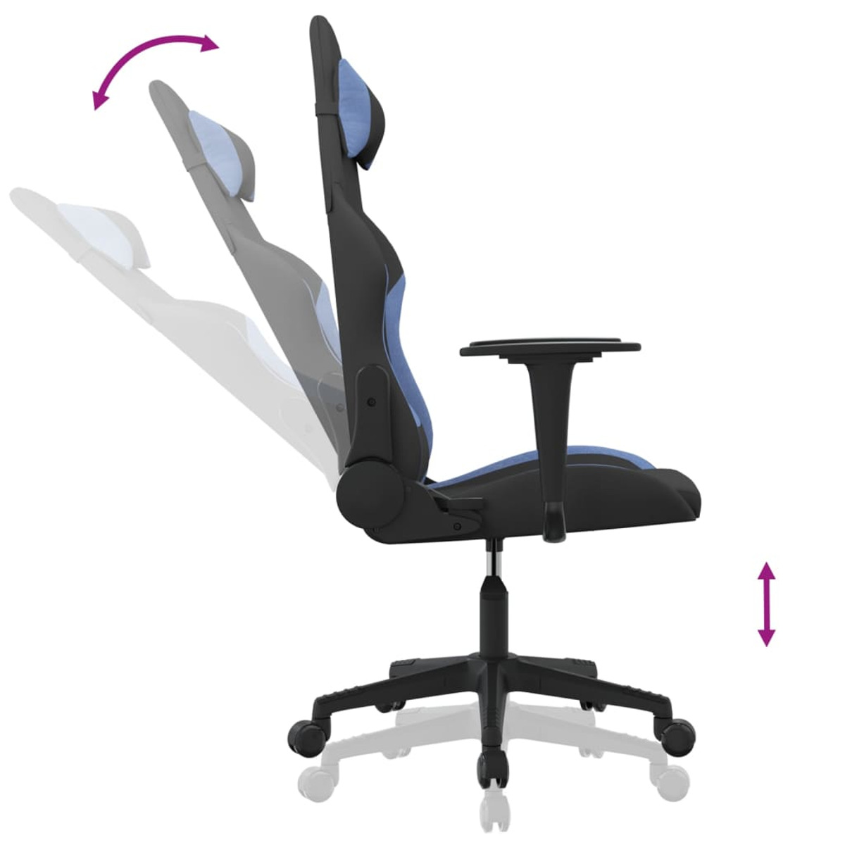 Gaming-Stuhl, mit neigbarer Rückenlehne und verstellbarer Höhe. Schwarz und blaues Farbschema.