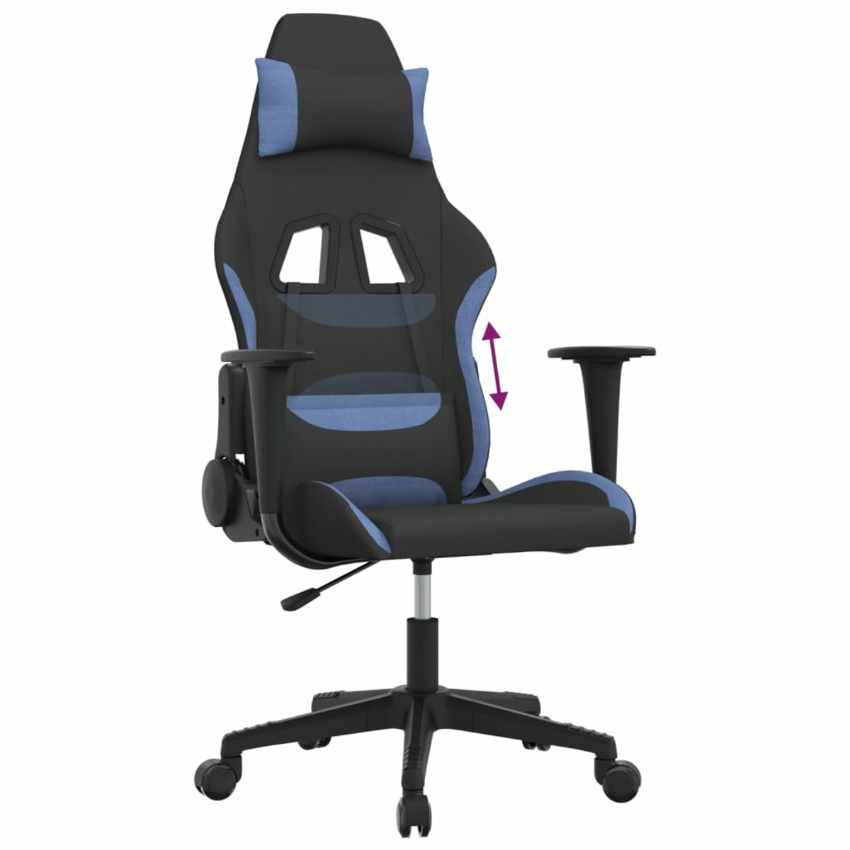 Ein Gaming-Stuhl in Schwarz und Blau mit verstellbaren Armlehnen auf weißem Hintergrund.