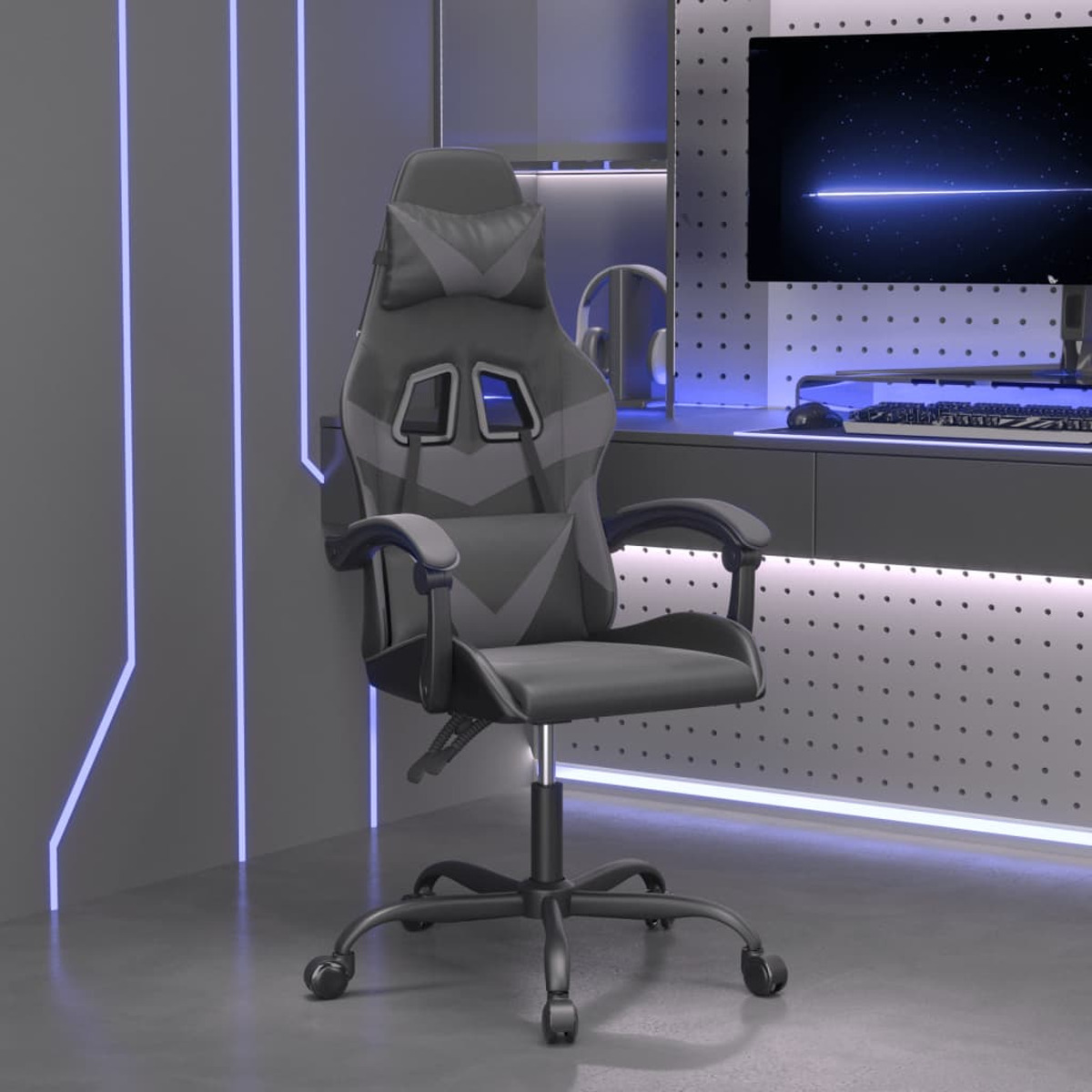 Grauer Gaming-Stuhl in einem Raum mit Neonlichtern und einem Computerbildschirm.