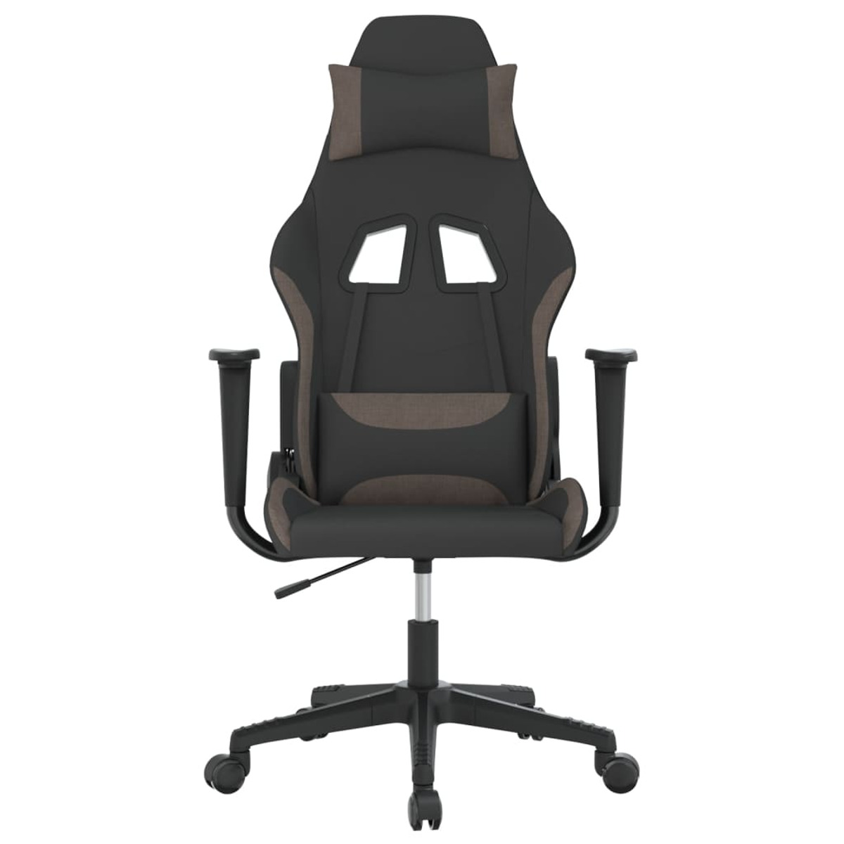 Schwarzer und grauer Gaming-Stuhl, Kopfstütze, Armlehnen und Rollen auf weißem Hintergrund.