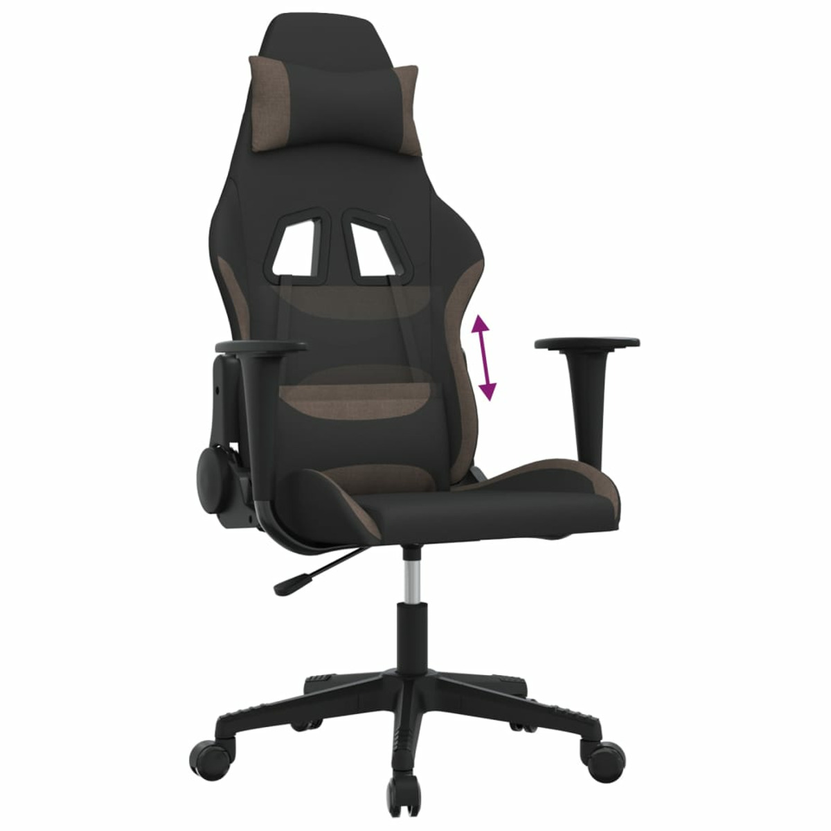 Gaming-Stuhl, Seitenansicht. Schwarz mit braunen Akzenten und verstellbaren Armlehnen. Lila Pfeil zeigt Höhe.