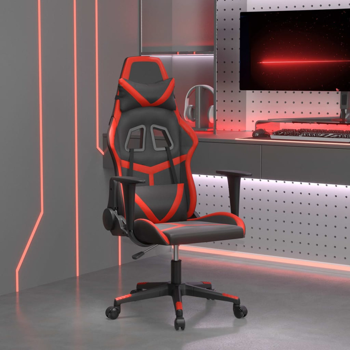 Gaming-Stuhl in einem Raum mit roten Neonlichtern und einem schwarz-roten Farbschema.