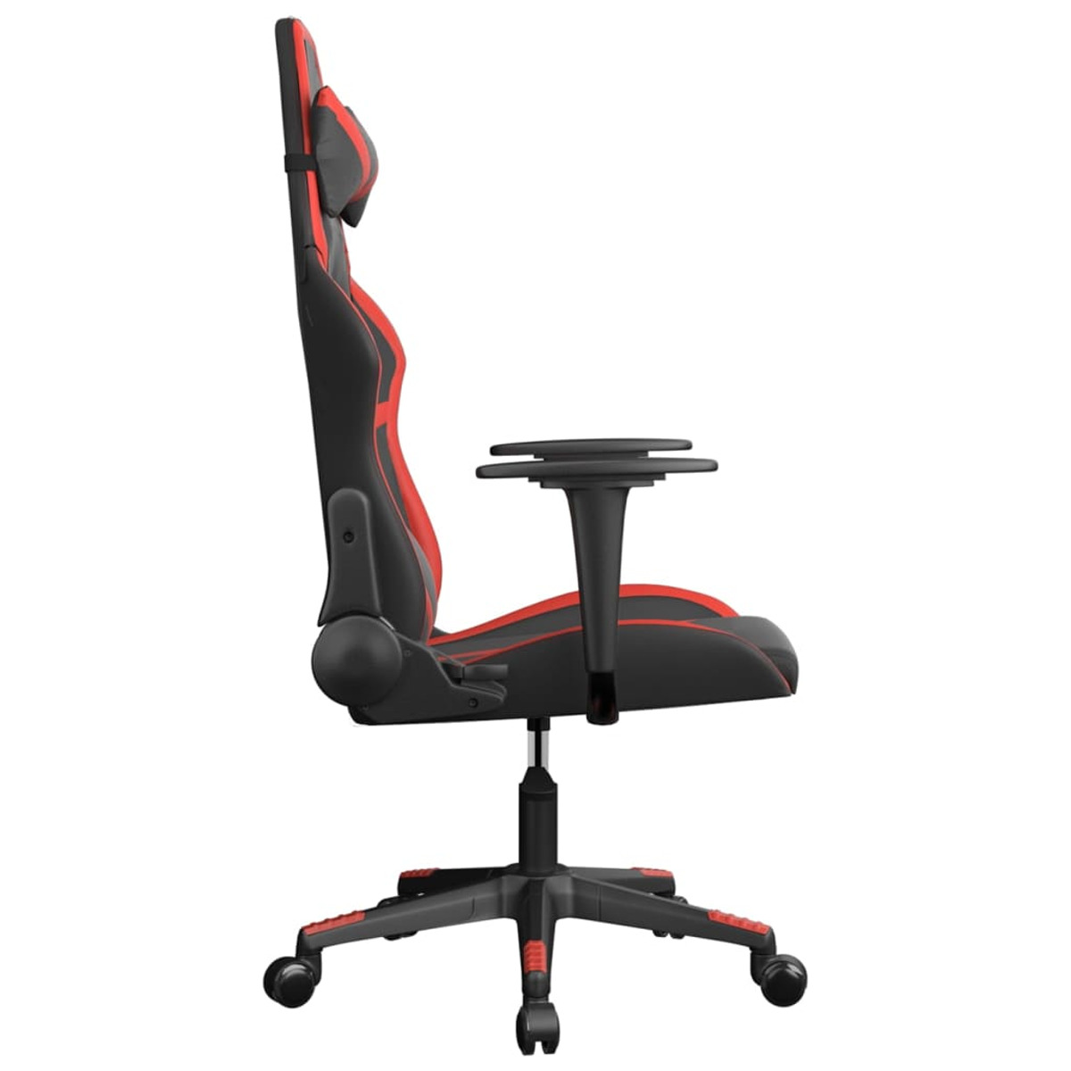 Gaming-Stuhl, schwarz mit roten Akzenten. Seitenansicht mit Rücken, Armlehnen und Rädern. Schwarz und Rot.