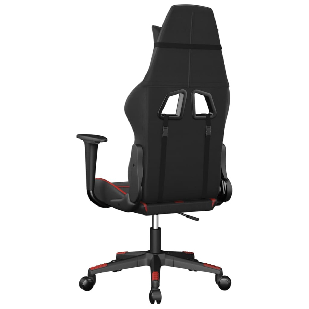 Gaming-Stuhl, Rückansicht, schwarz mit roten Akzenten. Isoliert auf weißem Hintergrund, ergonomisches Design.