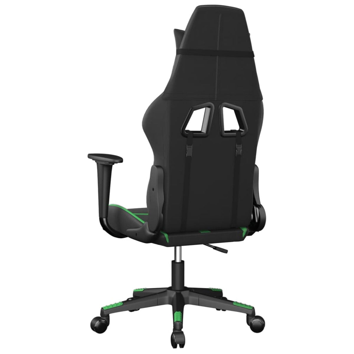 Rückansicht eines schwarzen Gaming-Stuhls mit grünen Akzenten. Er hat einen hohen Rücken und ein Fünf-Rad-Gestell.